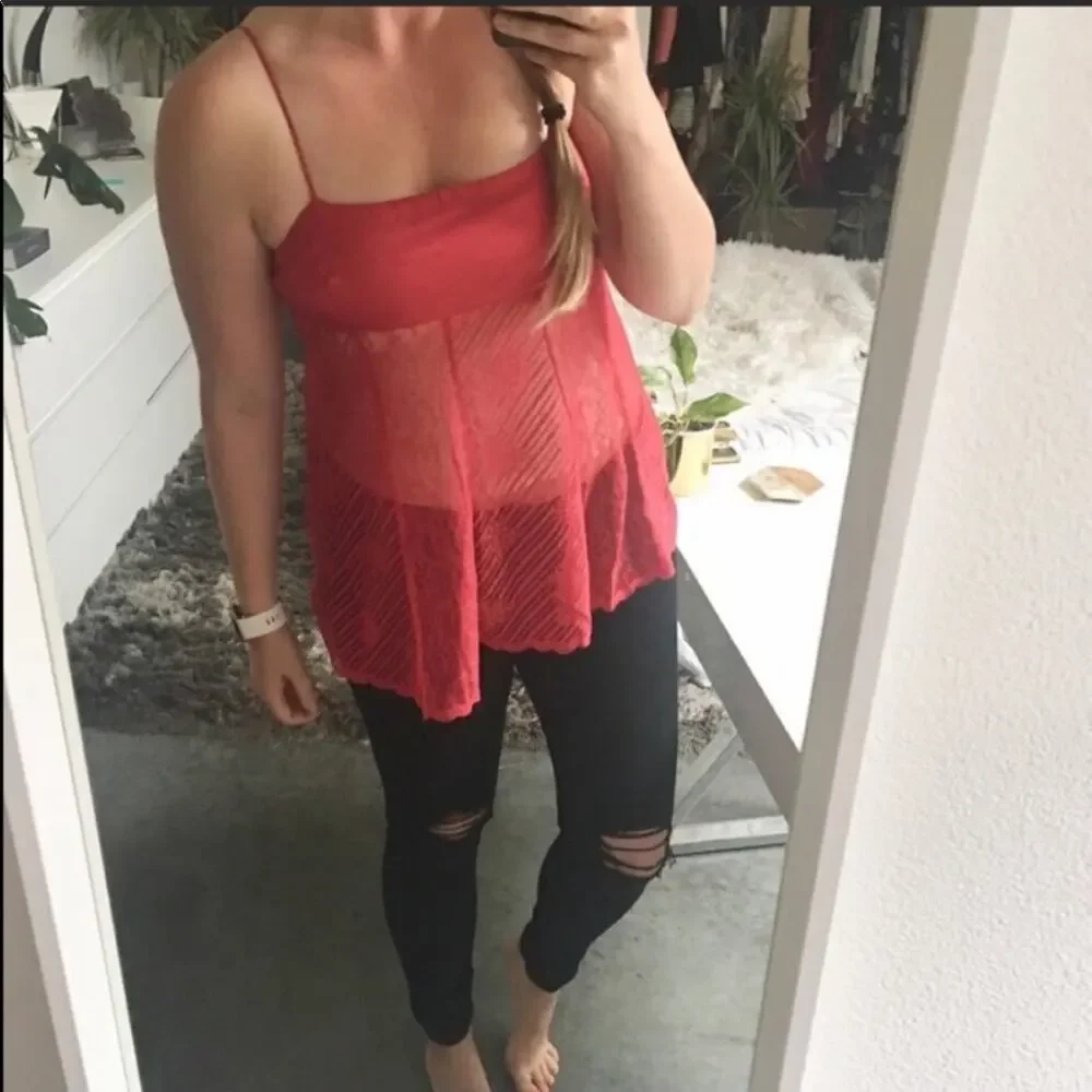 VS Victoria’s Secret Red Sheer Satin Lace Babydoll Chemise Tank Top Lingerie M - Picture 4 of 6